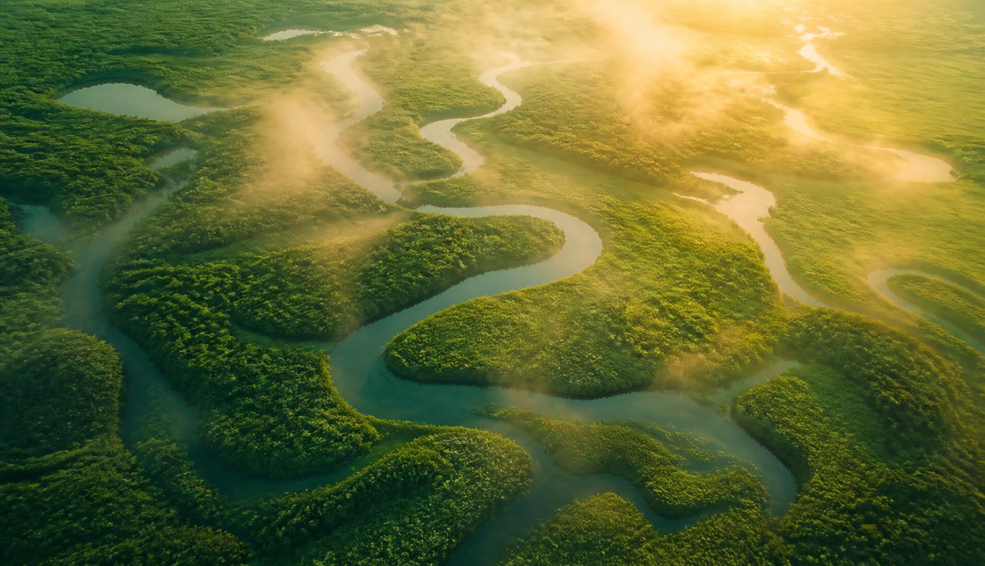 Emerald wetlands and meandering river at dawn